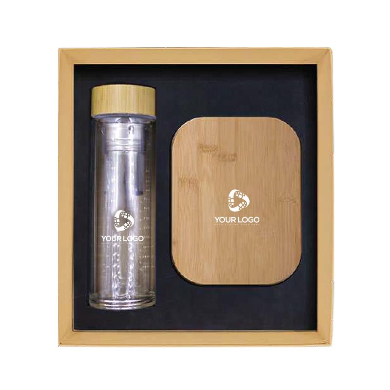 Promotional Gift Sets With The Inclusion Of Cushioned Gift -Glass Bottle & Lunchbox with Bamboo Lid